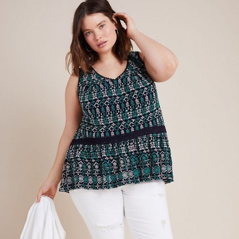 Anthropologie Maeve Cammie Embroidered Peplum Tank Top in Black, Green, & White